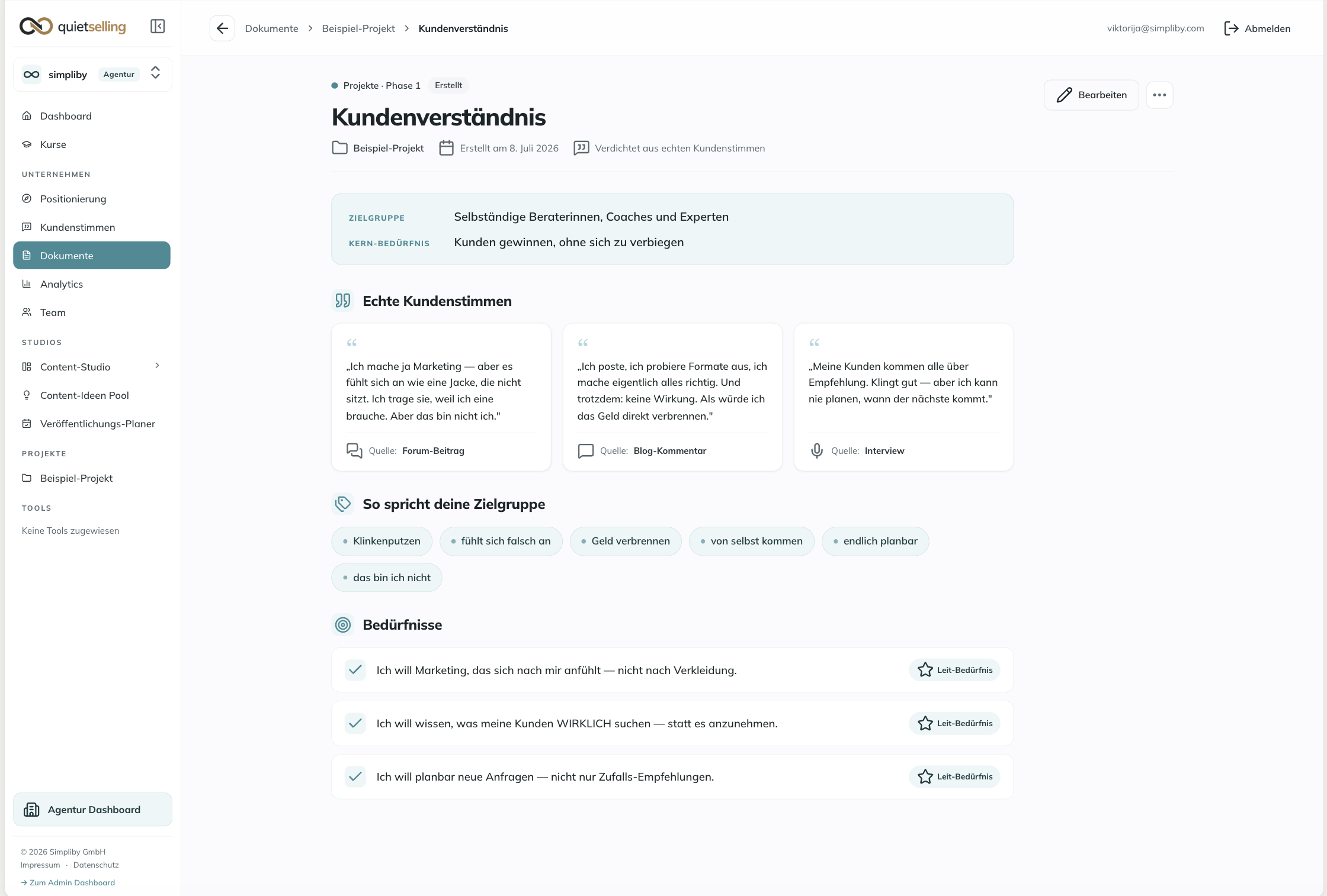 Kundenverständnis-Dokument in der Quiet Selling App: echte Kundenstimmen, Sprache der Zielgruppe und Bedürfnisse
