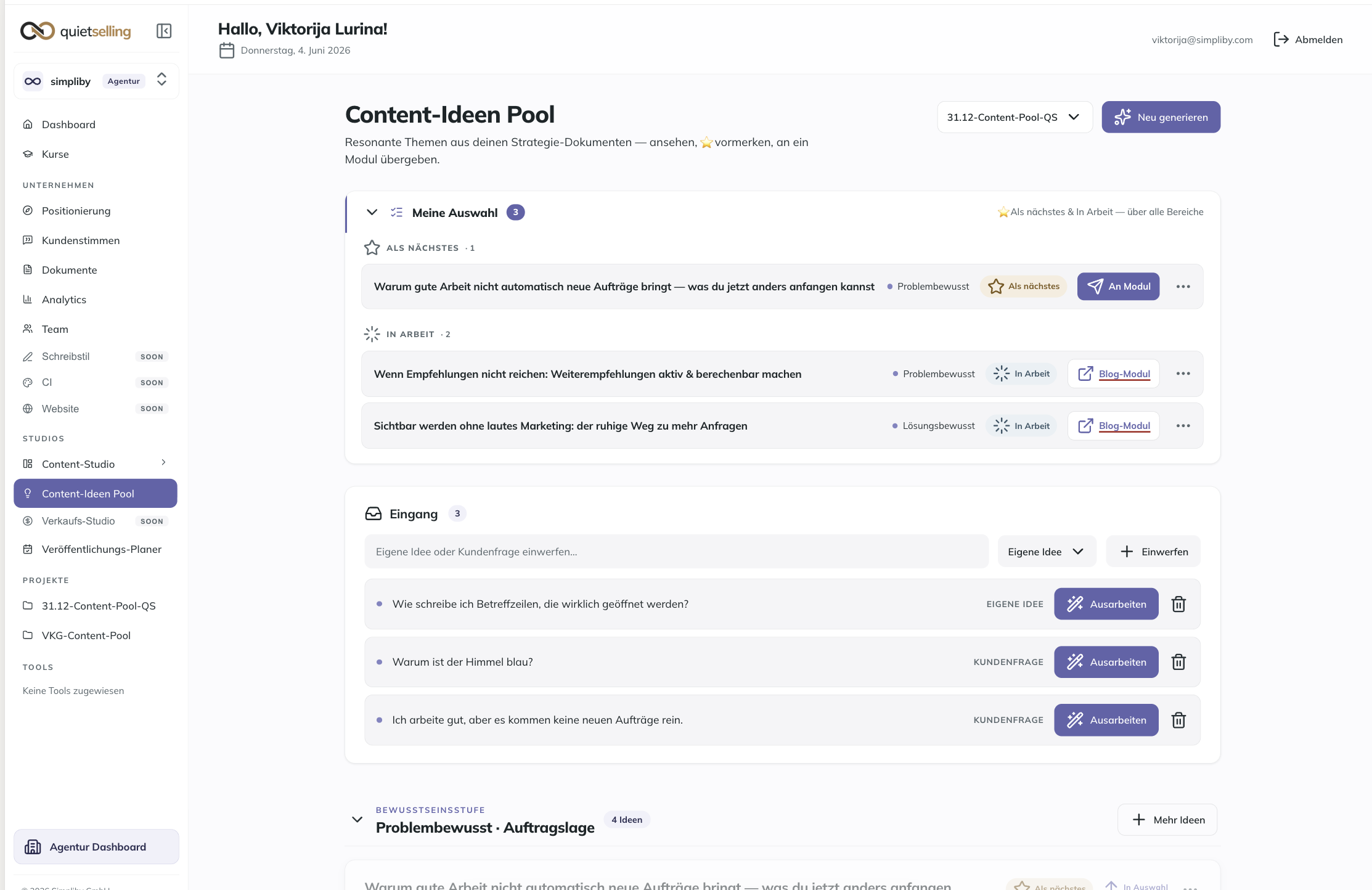 Content-Ideen Pool in der Quiet Selling App: Themen nach Bewusstseinsstufen geordnet