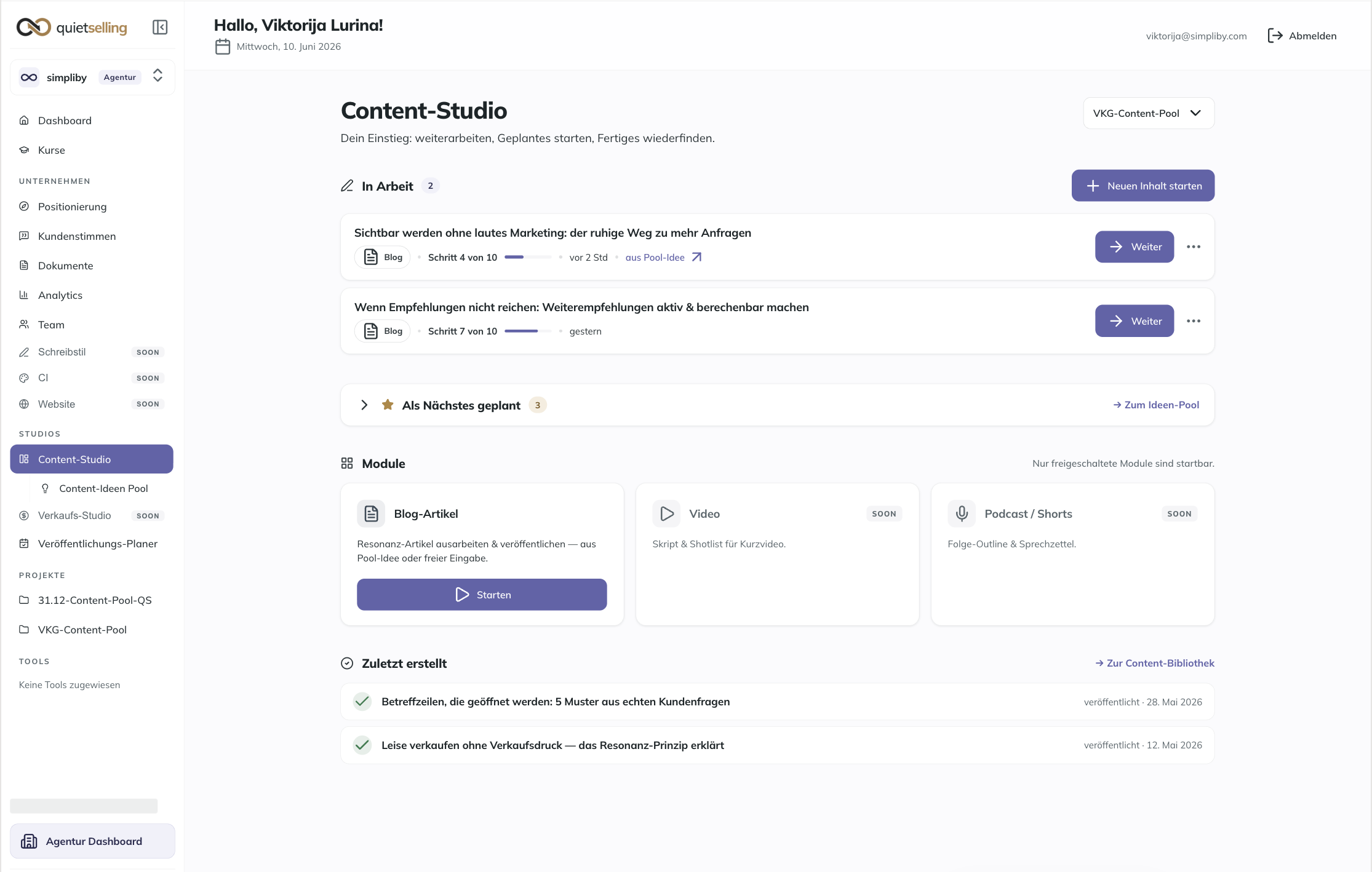 Content-Studio in der Quiet Selling App: Inhalte in Arbeit, Module und fertige Artikel