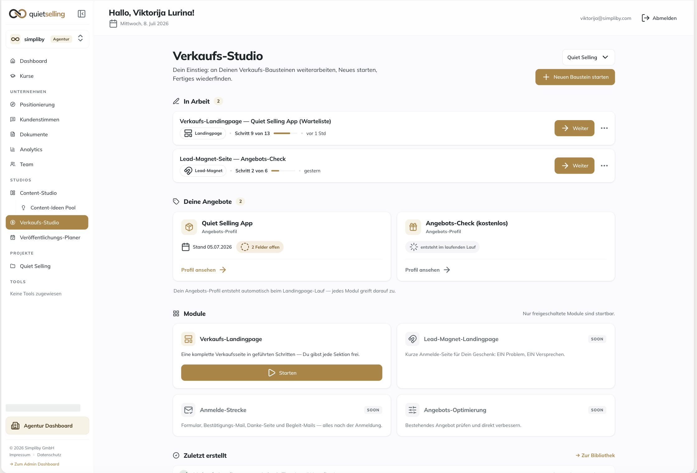 Verkaufs-Studio in der Quiet Selling App: Verkaufs-Landingpage in geführten Schritten und Angebots-Profil pro Angebot